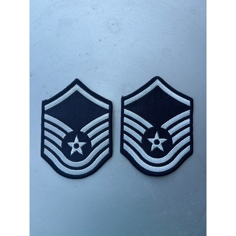 US Air Force Master Sergeant E7 Rank Insignia Patches Pair Navy Blue Silver